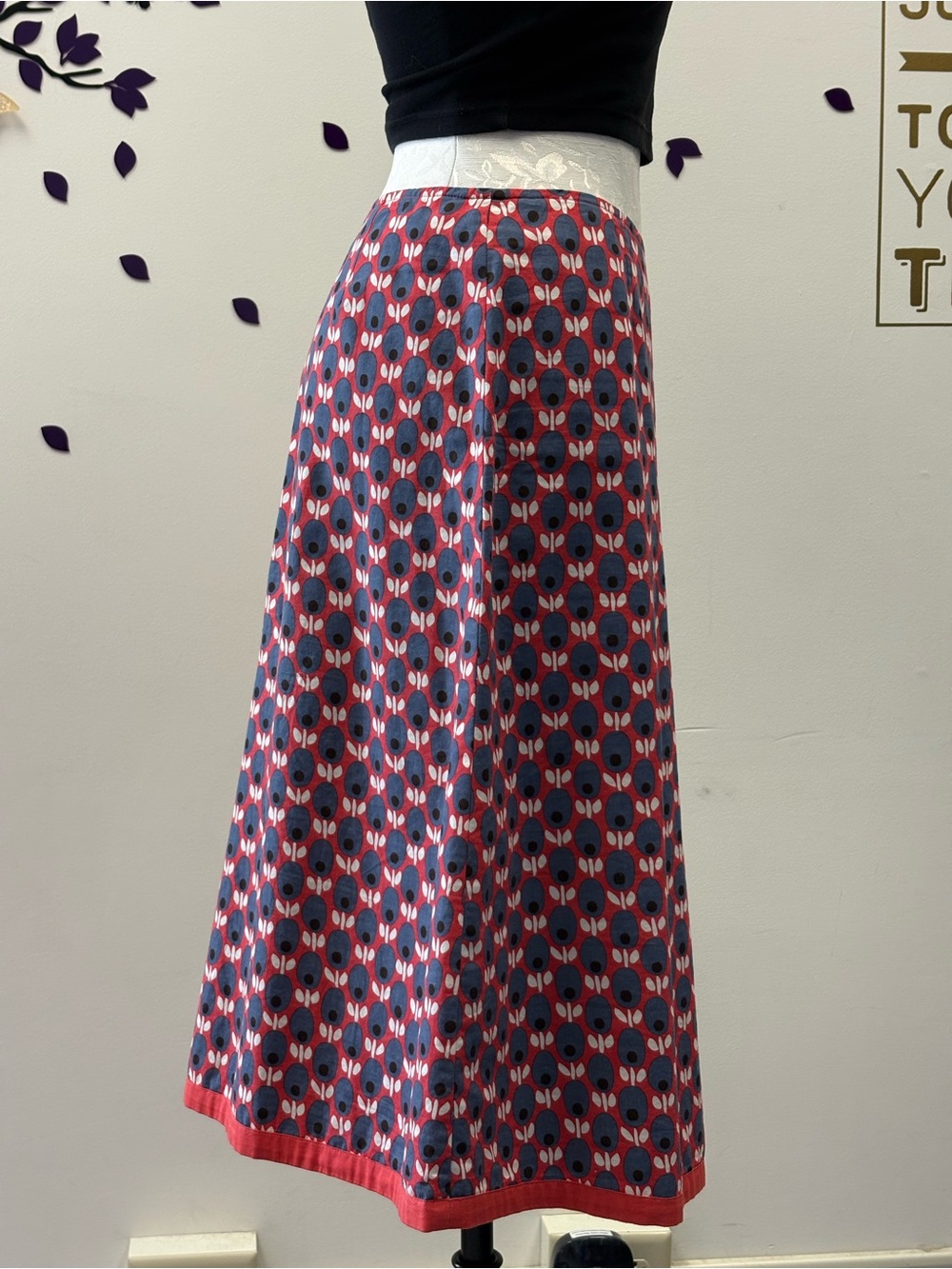 Boden Red and Navy A-Line Patterned Midi Skirt Size 10L 100% Cotton - Picture 3 of 6